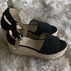 Marc Fisher Varin Wedge Espadrilles Sandals Platform Black Suede 9 9M